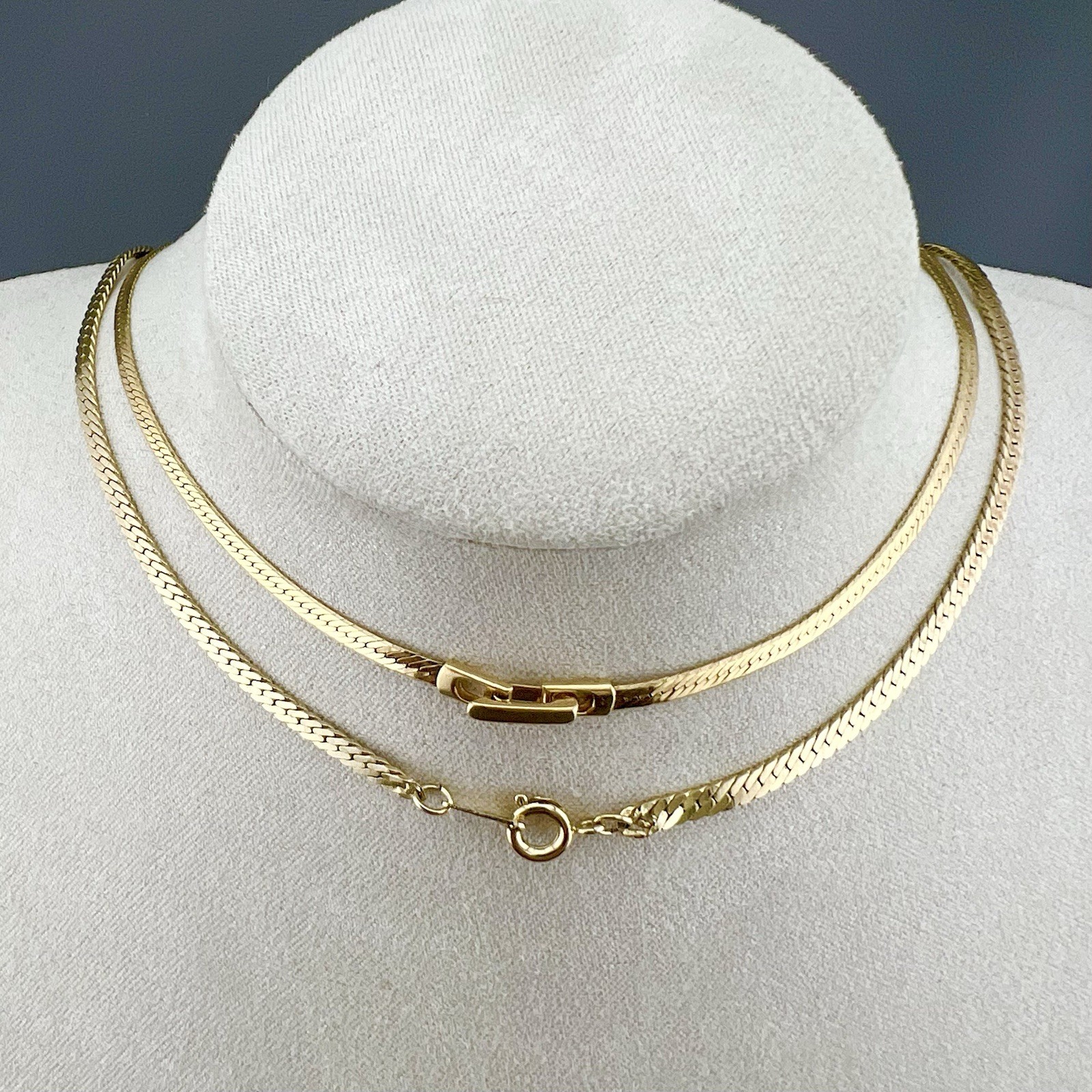 Vintage Herringbone Necklace Lot Abstract Pendant Rhinestone Gold Tone 17” 19”