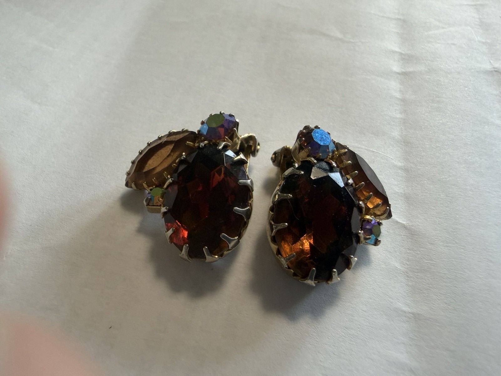 Amber Colored Crystal and Ab Clip On Earrings Gold Tone Vintage
