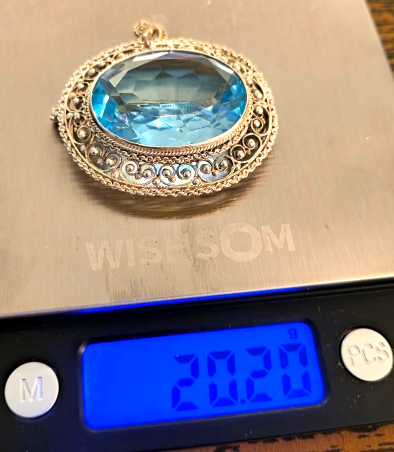 Vtg 1910-20;s Art Deco Sterling .925 Open Back Blue Zircon Brooch Pin Pendant