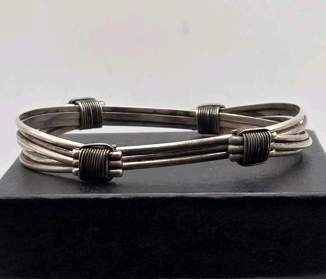 Vtg Brutalist Sterling Silver Wire Wrapped Bangle Bracelet Multi Strand 3″ 30+g
