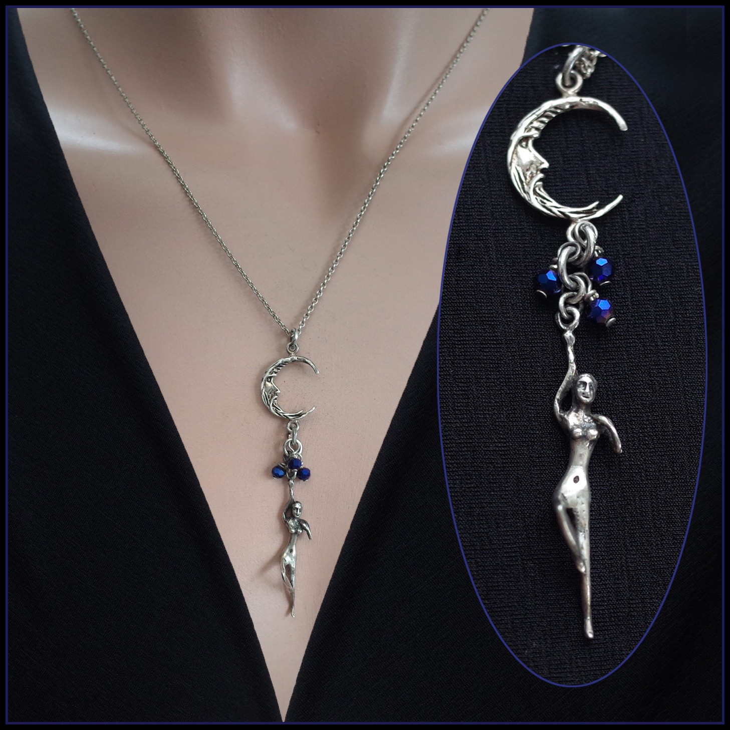 Sterling Silver Crescent Man In The Moon & Female Dancer Figure Necklace