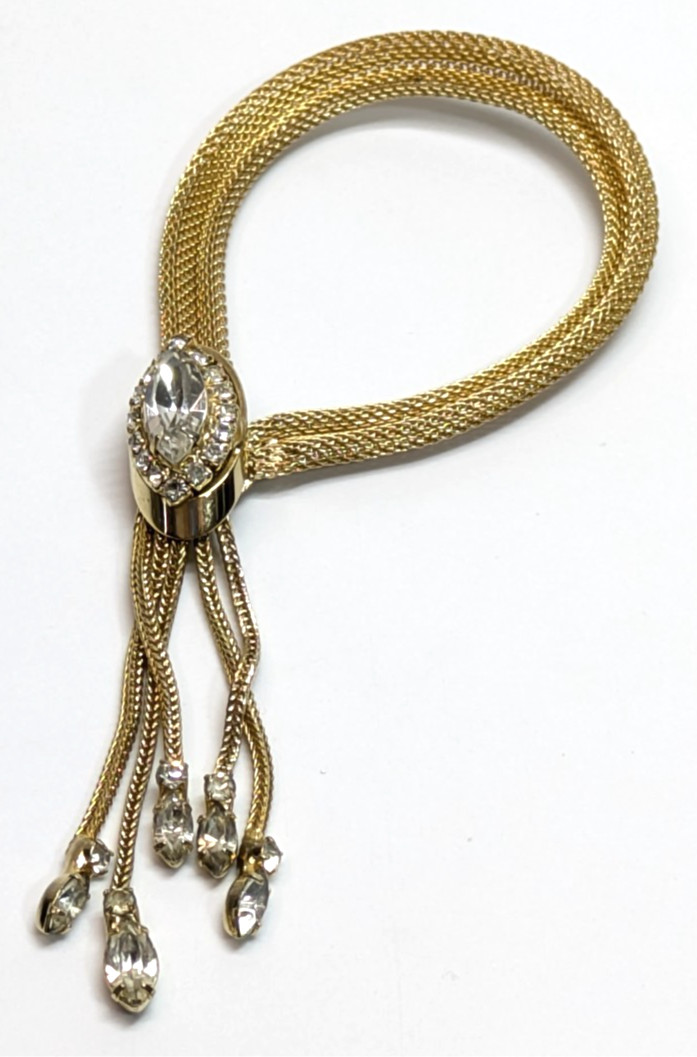 VTG Kramer Mesh Gold Tone Snap Tassel Bracelet Clear Rhinestones 7″ Long