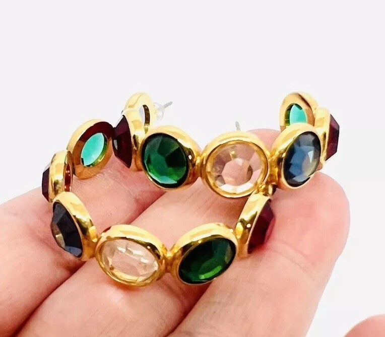 Large Multicolored Bezel Set Crystal Hoop Earrings Posts Vintage Jewelry