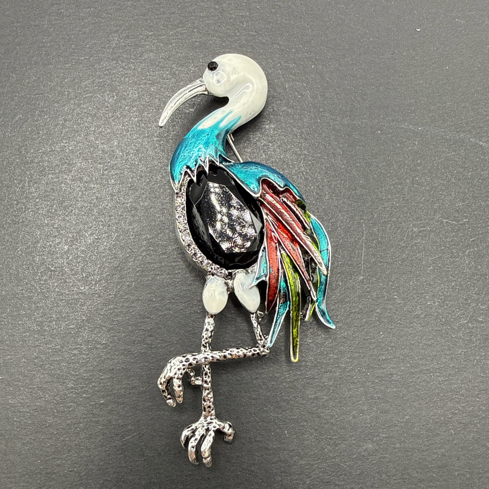 HUGE Heron Bird Brooch Pin Black Rhinestone Colorful Enamel J26