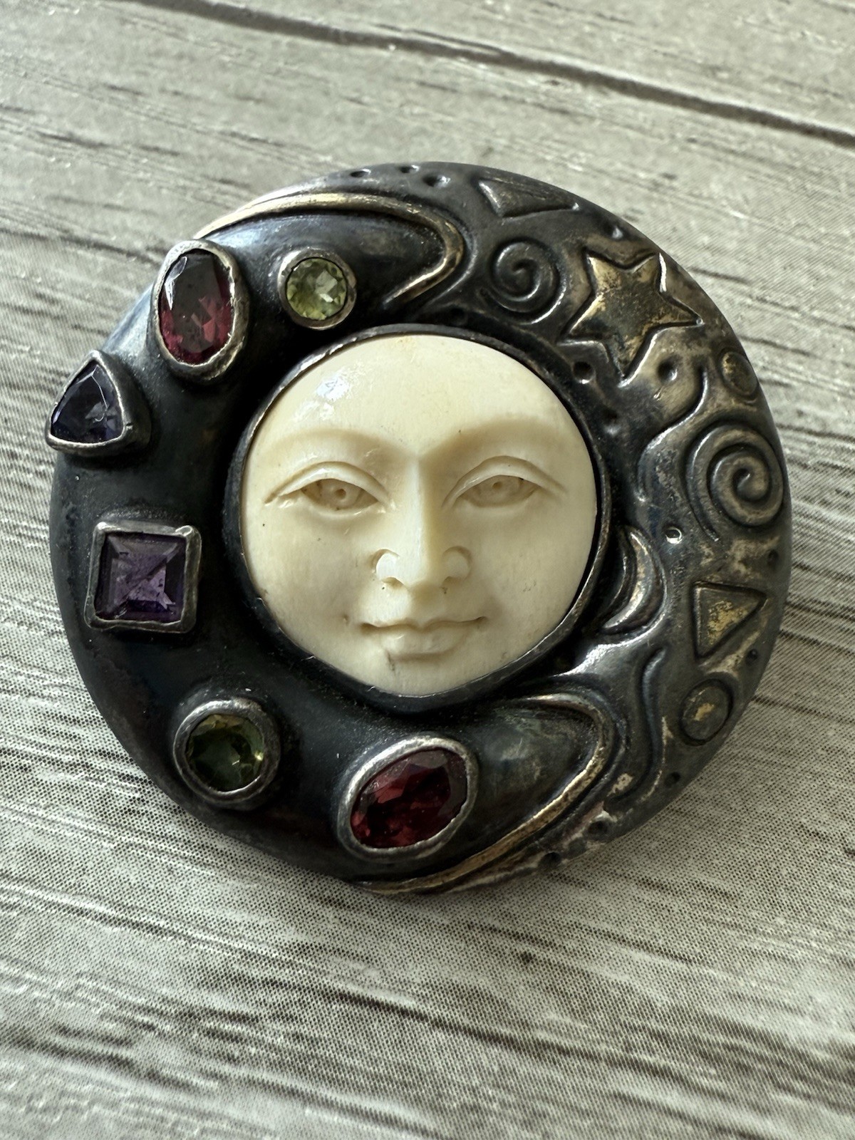 MYSTIC MOON FACE Sterling Silver Amethyst Topaz Carved Goddess Pendant Brooch