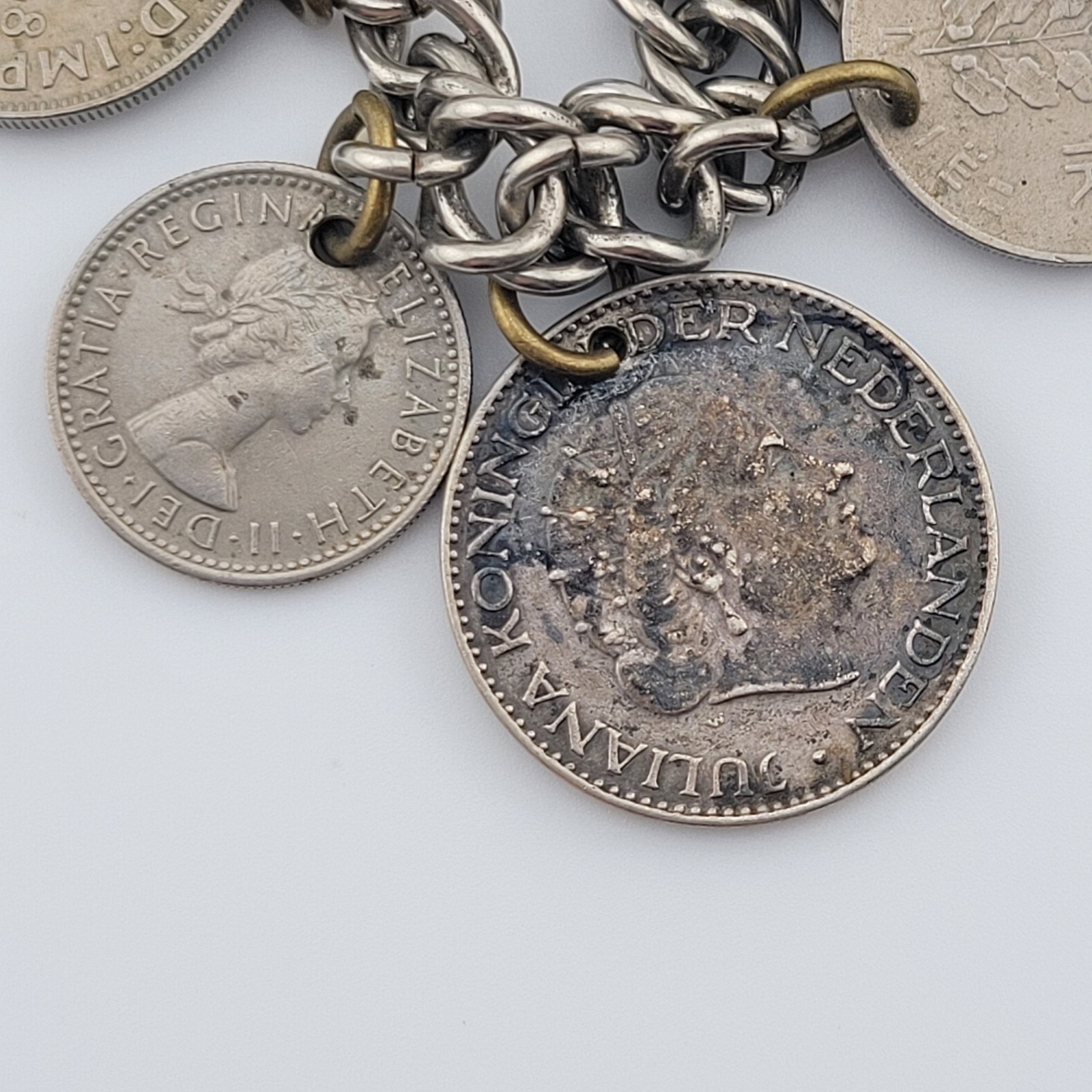 Vintage Coins From Around the World Charm Bracelet Souvenir 1924 to 1956 7.5″
