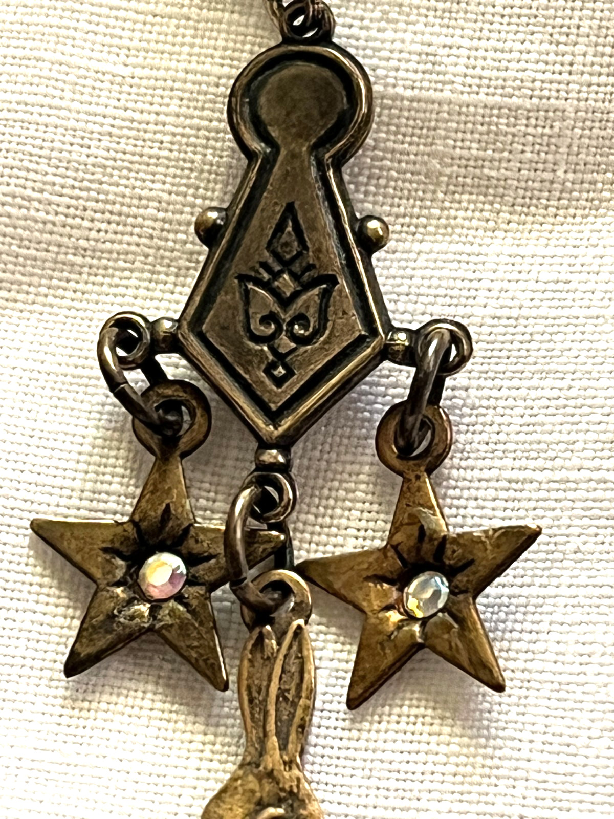 Bronze-Toned Antique-Style Chandelier Dangle Earrings, Stars, Rabbit in Hat 2.5″