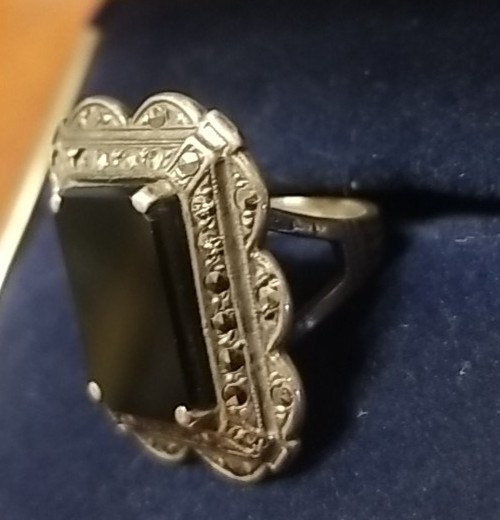 Antique Victorian Mourning Ring, Size 3, Black Onyx Marcasite And Silver
