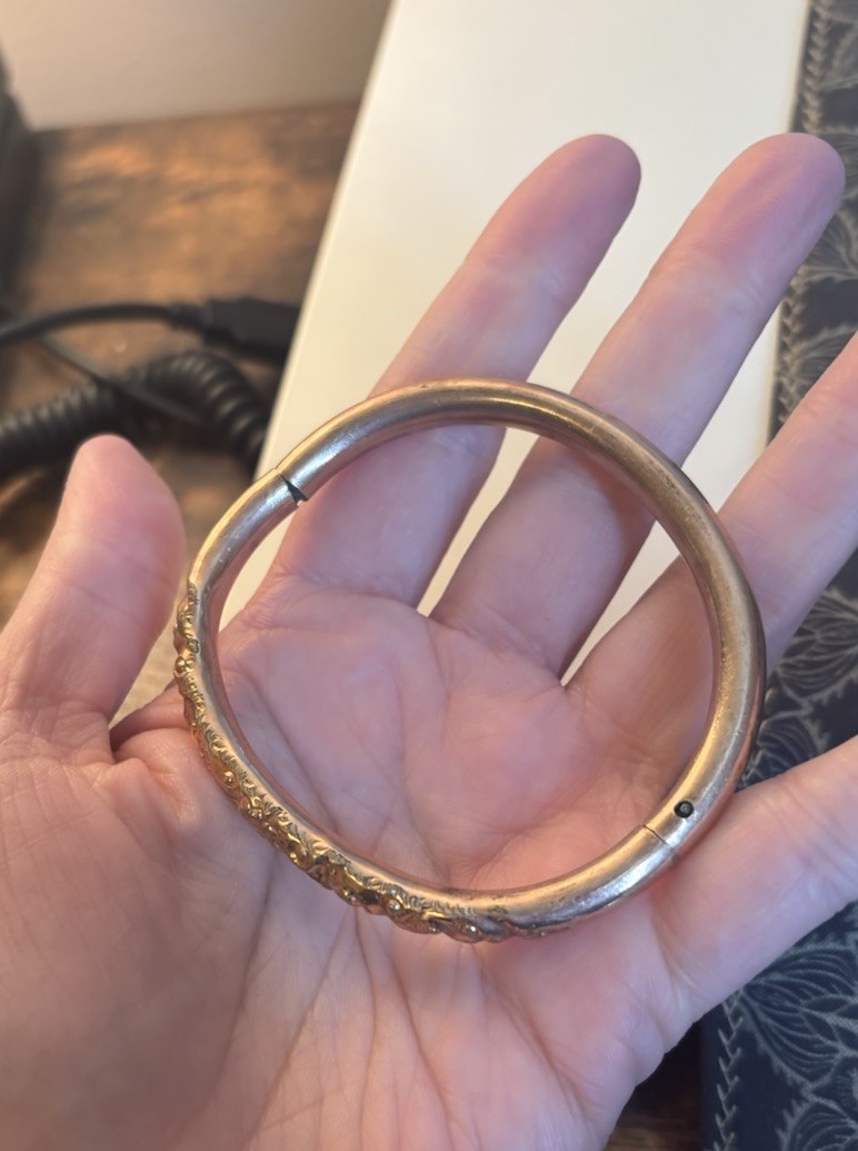 Antique Gold Tone Floral Etched Bangle Style Bracelet