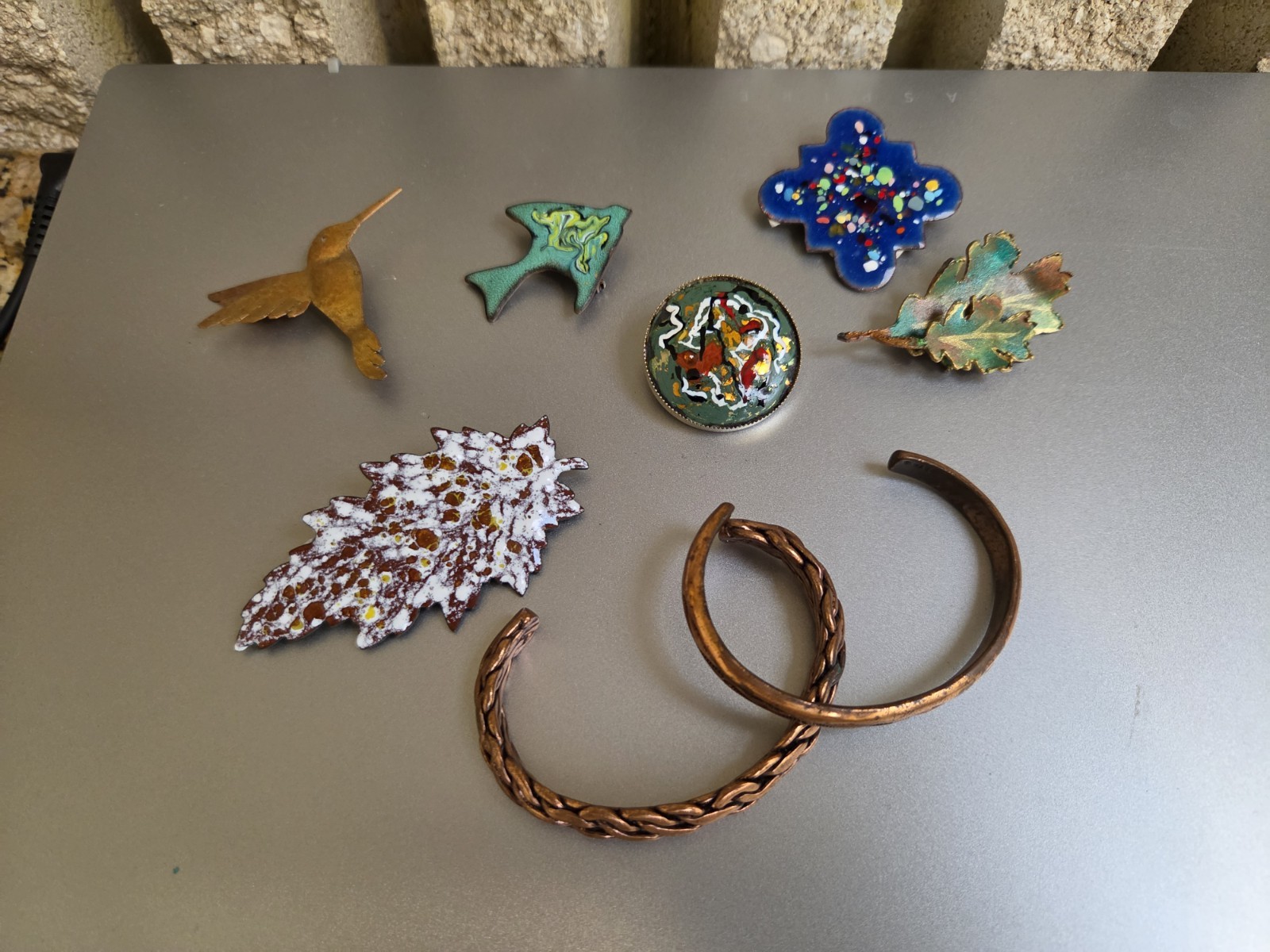 Vintage Copper Enamel Brass Copper Plated Pins Bracelets Lot Of 8