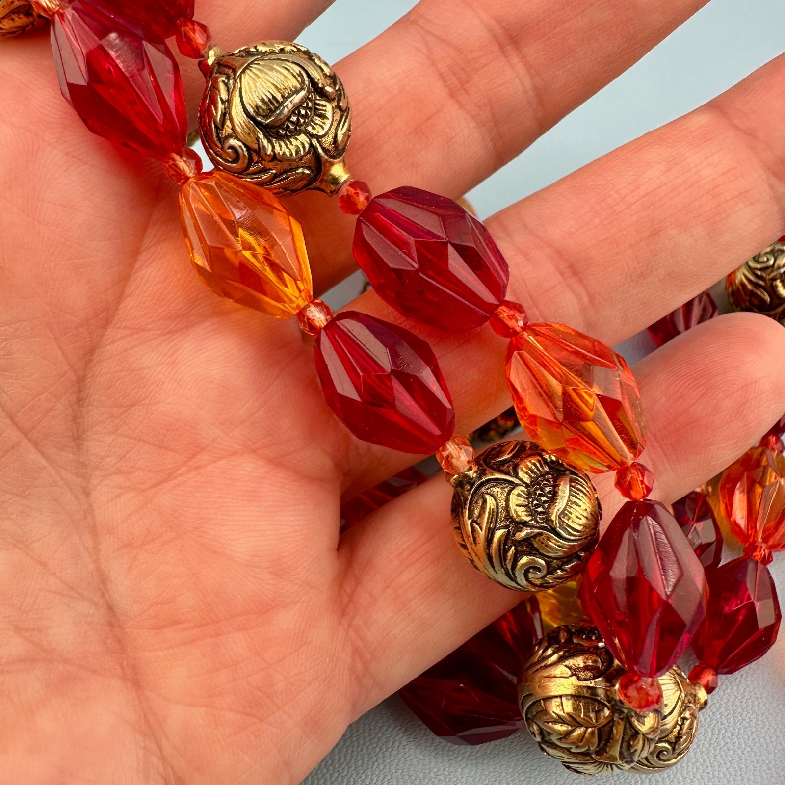Vintage Lucite Bead Gypsy Necklace Faceted Red Orange Gold Tone Floral 46″ Boho