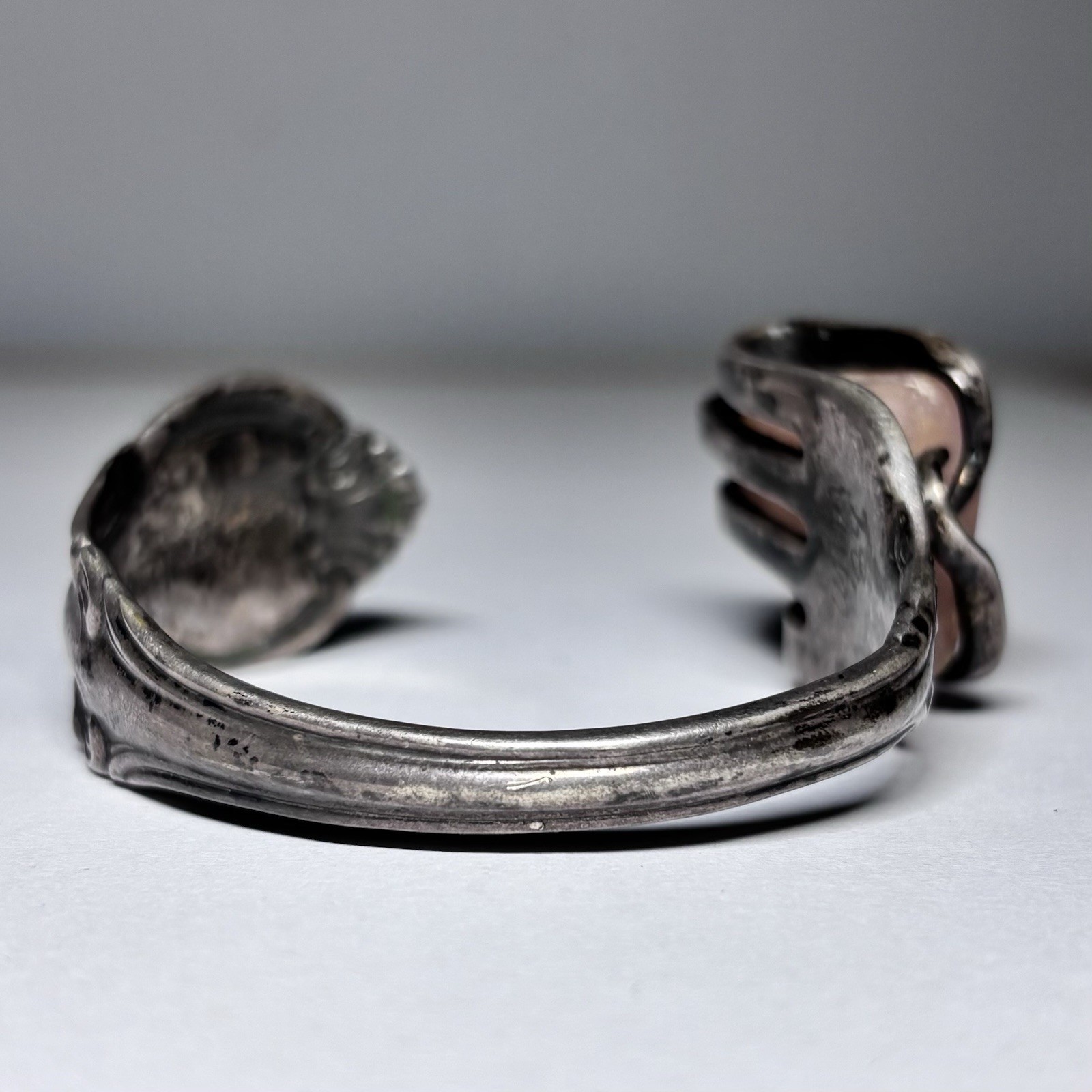 Uma Silbey Signed Sterling Silver Rose Quartz Cuff Bracelet 1984 Joan of Arc