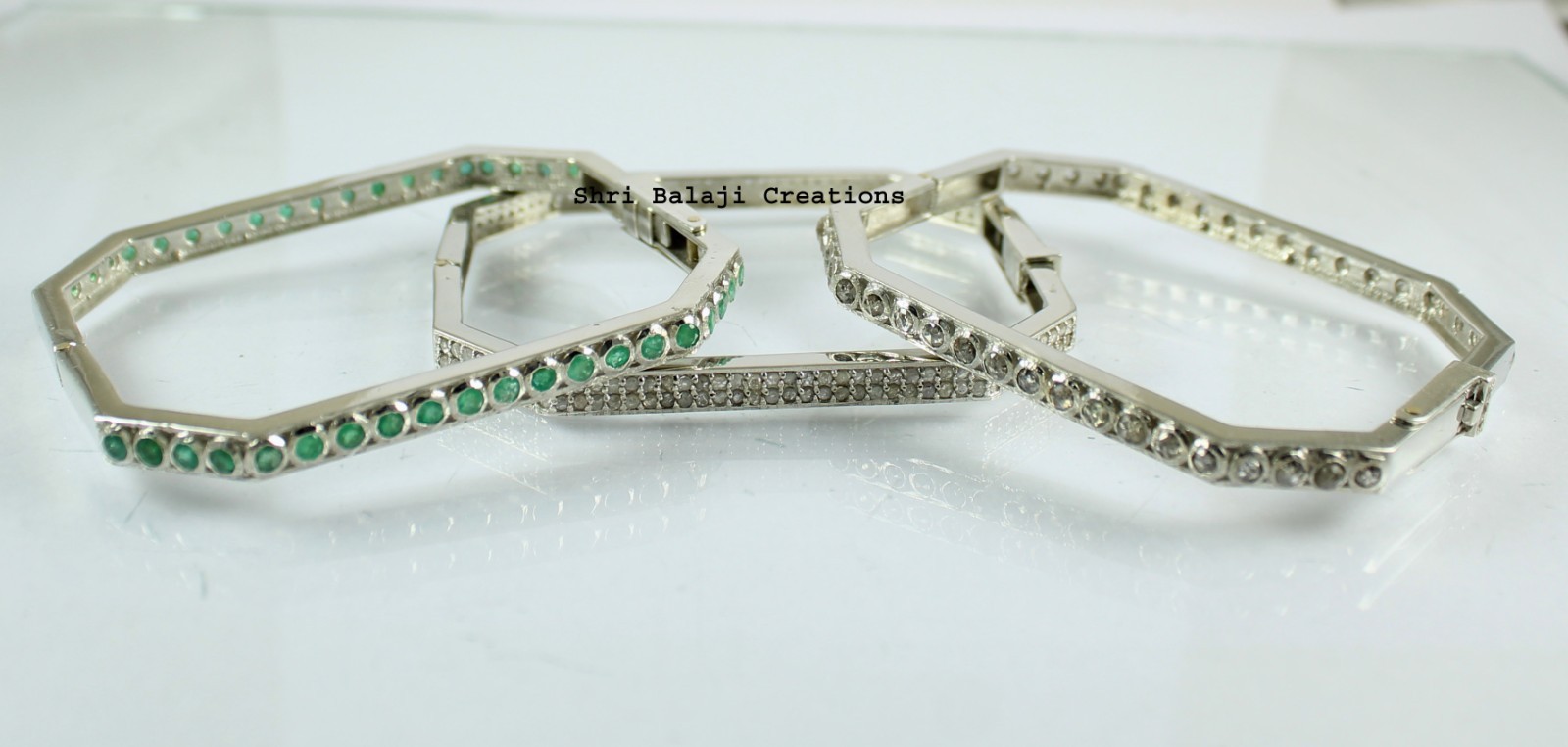 Natural Rosecut Diamond Emerald 925 Sterling Silver Bangle Jewelry