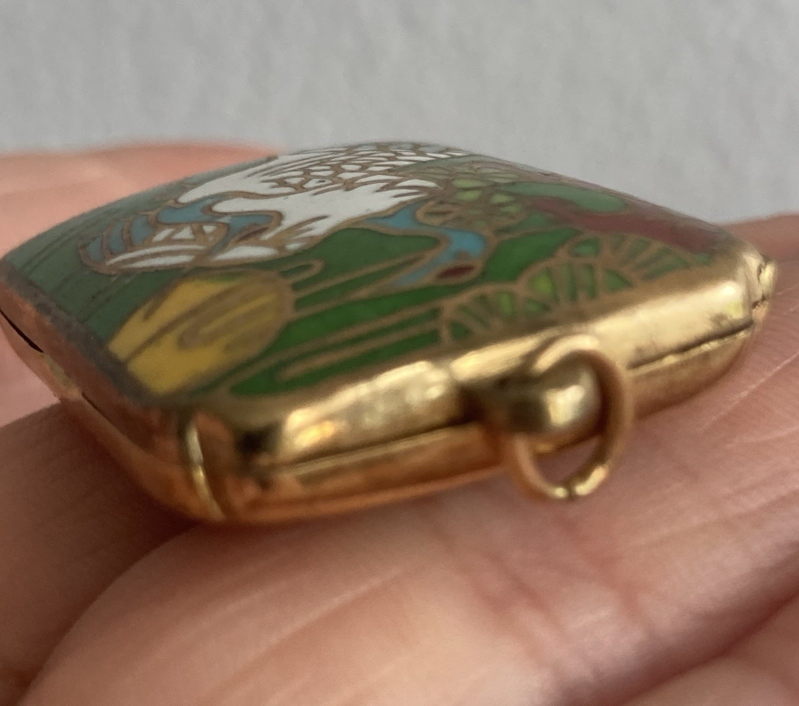 vintage cloisonne Locket Pendant trinket container necklace Stork Charm Heavy