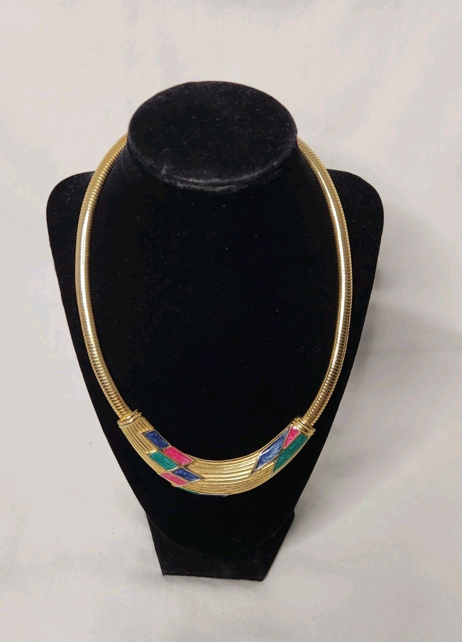 Vintage DON LIN Necklace Gold Tone Omega Geometric Enamel Design