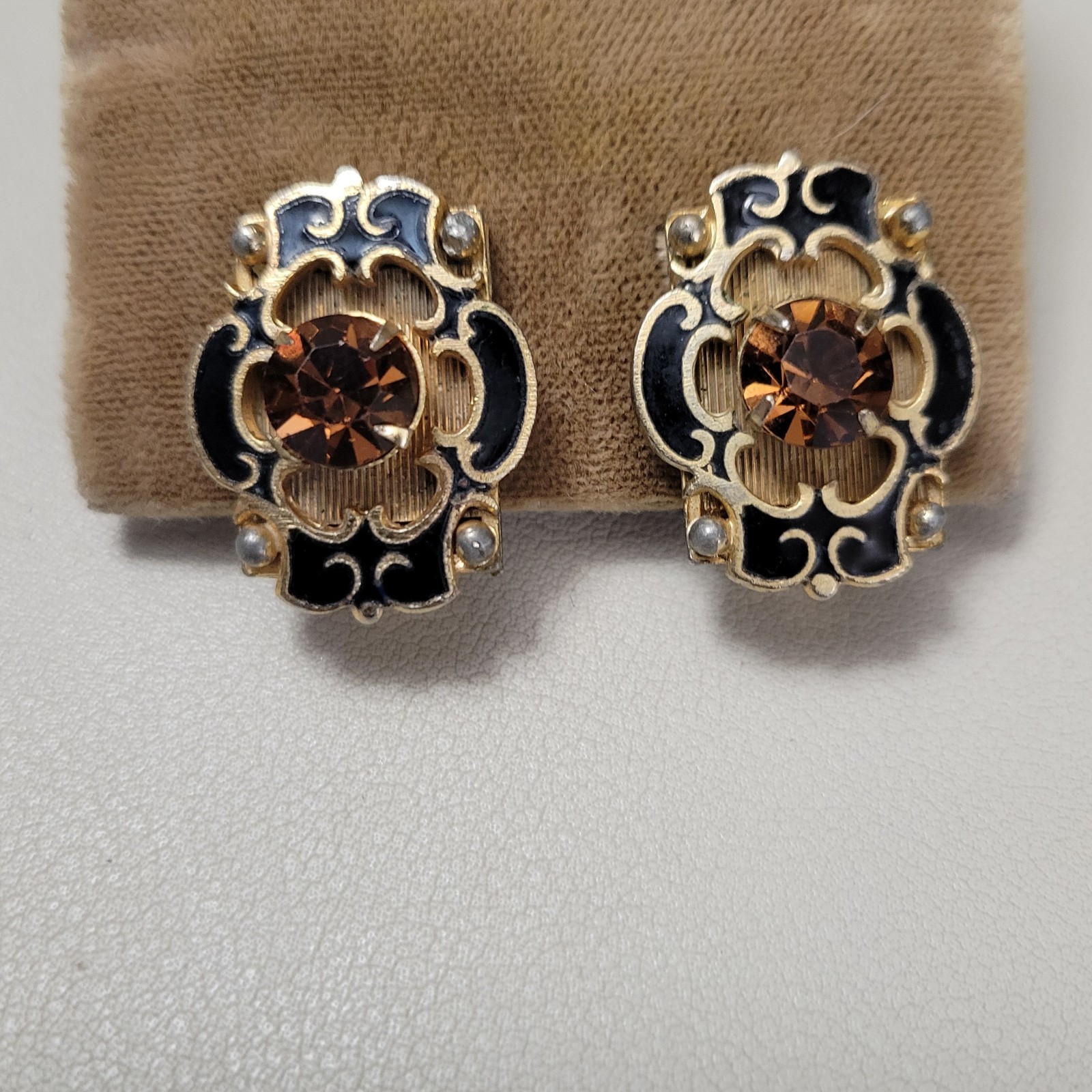 Vintage Unsigned Black Enamel Gold Tone Victorian Reproduction On Earrings AS IS