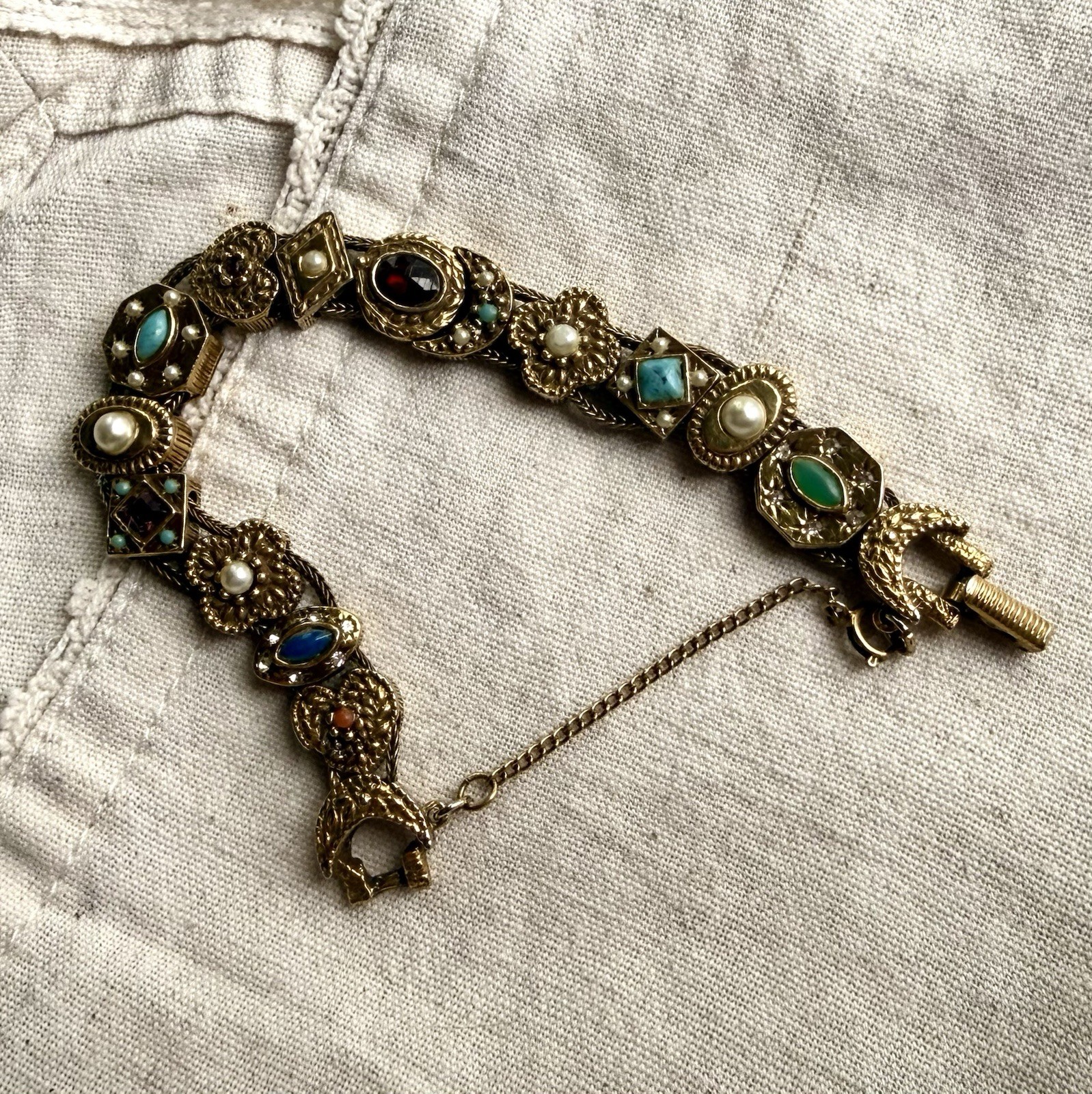 Vintage Goldette NY Victorian Revival Slide Charm Bracelet Safety Chain Signed