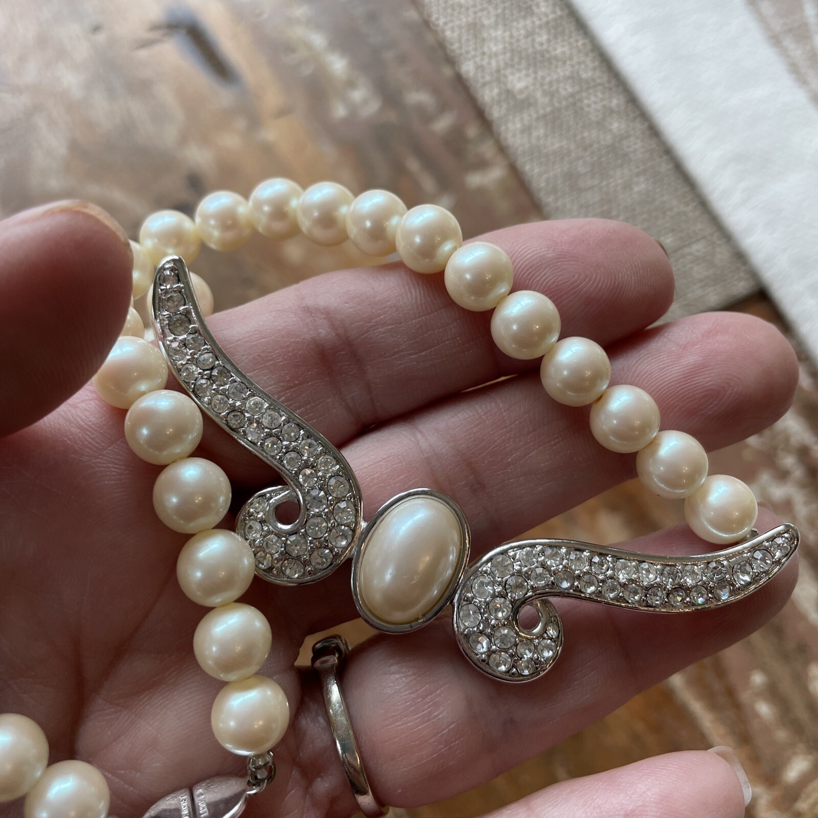VTG Classic MONET Silver tone Necklace Choker faux pearl & rhinestones Wedding