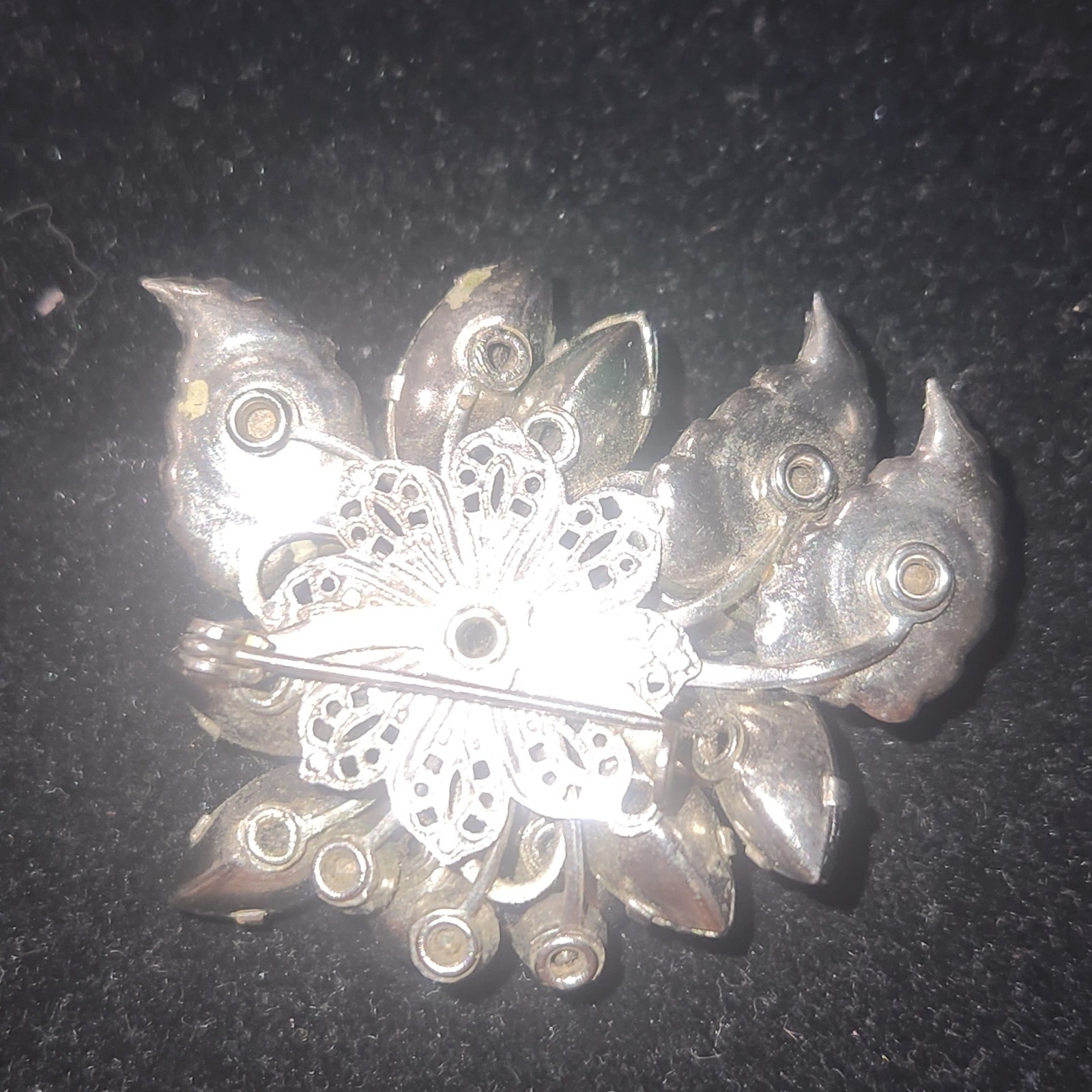 Vintage Rhinestone Flower Brooch Silver Tone Floral Pin smoky gray