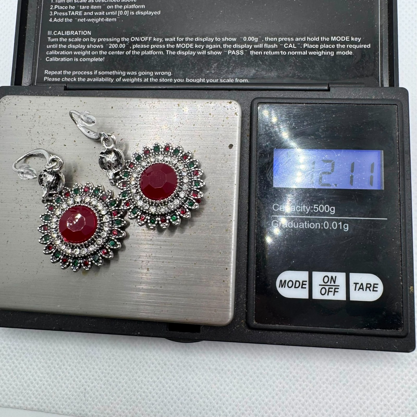 Vintage Ottoman Style Red Crystal Dangle Earrings Silver Tone Victorian Statemen