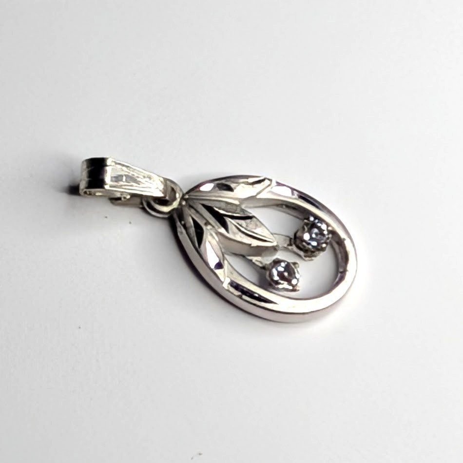Vintage Etched Sterling CZ Pendant Oval Cherries Leaf Signed JF Small .75″ USA