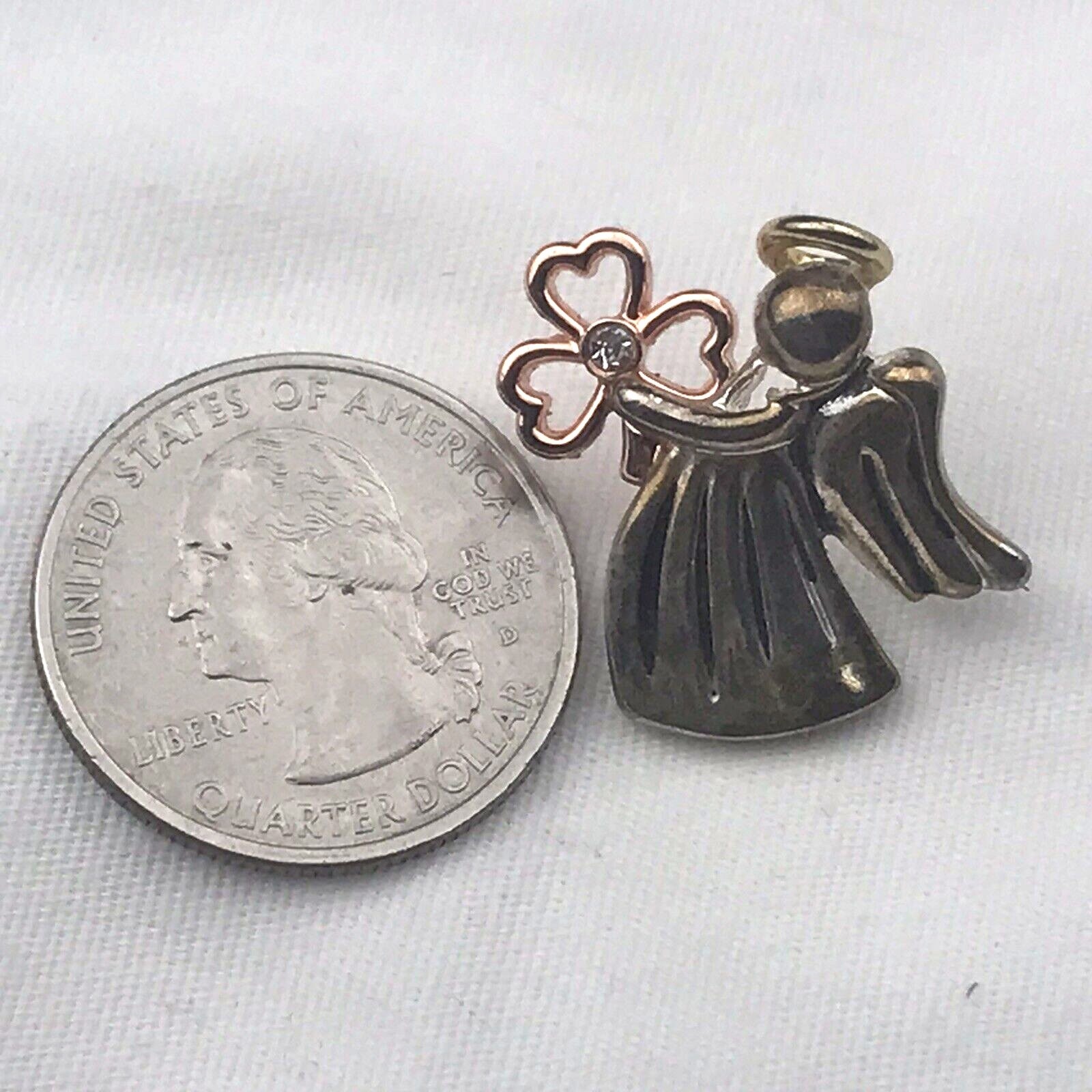 DM Brooch Small Multi-Tone Vintage Angel Clover Clear Stone Lucky Charm