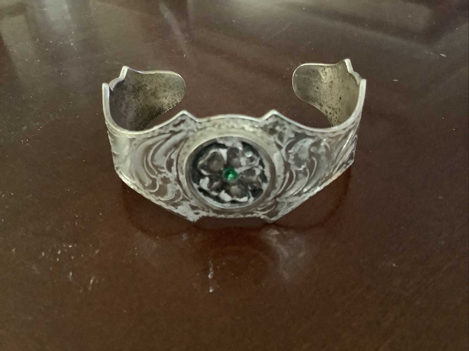 Vintage Tribal Sterling Silver Bangle with Green Rosette