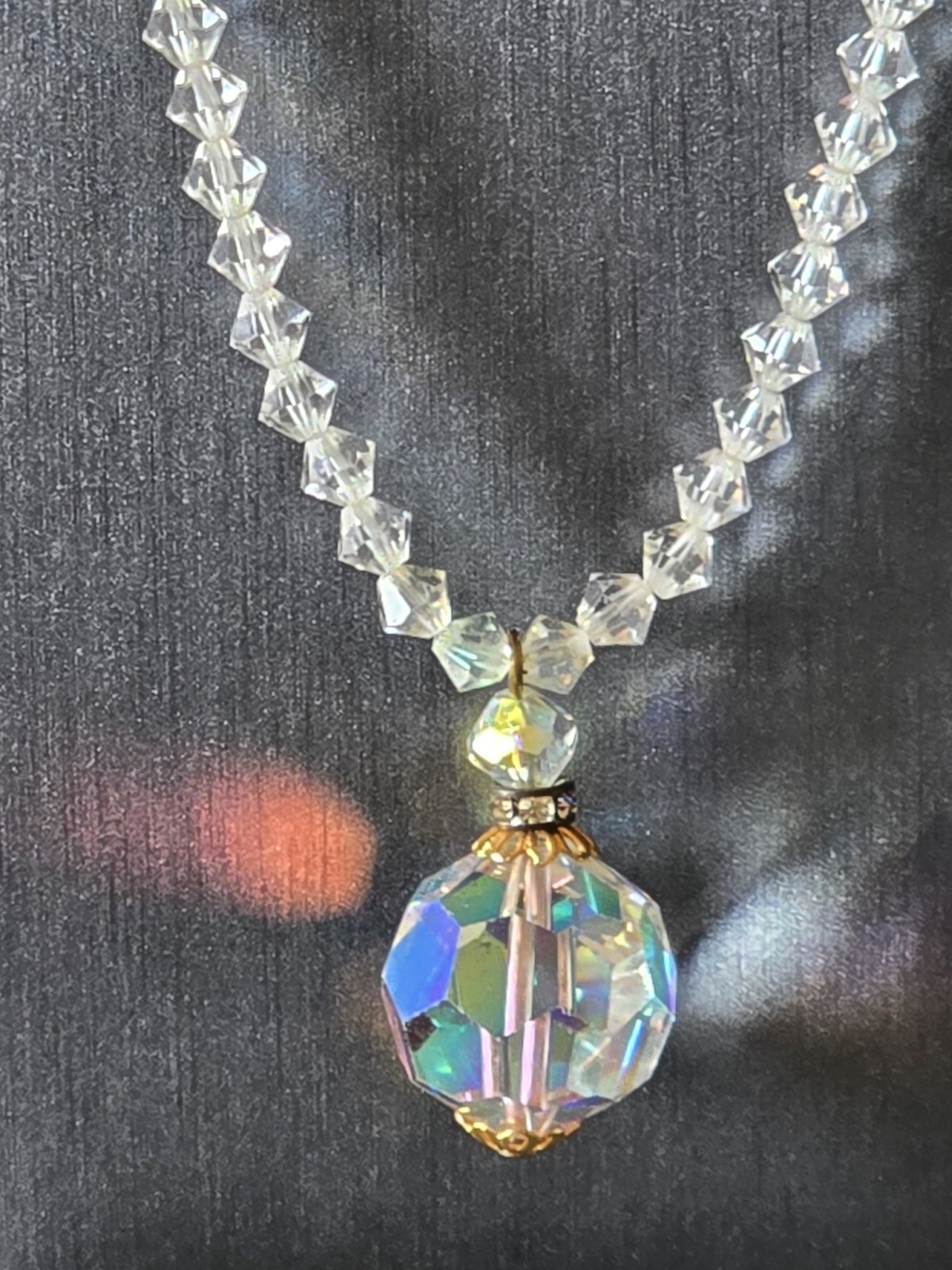 CZECH AURORA BOREALIS CRYSTAL BALL w CRYSTAL CHAIN PENDANT NECKLACE☆FILIGREE CAP