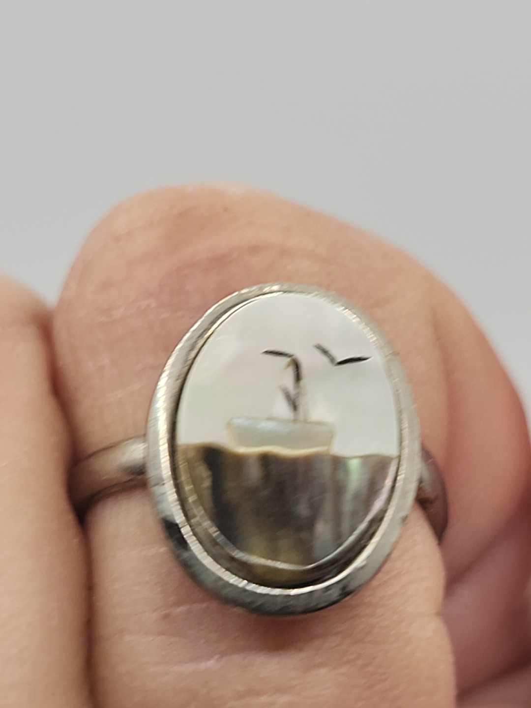 Stainless Steel Ring Inlaid Sail Boat Water Birds Vintage Mother of Pearl