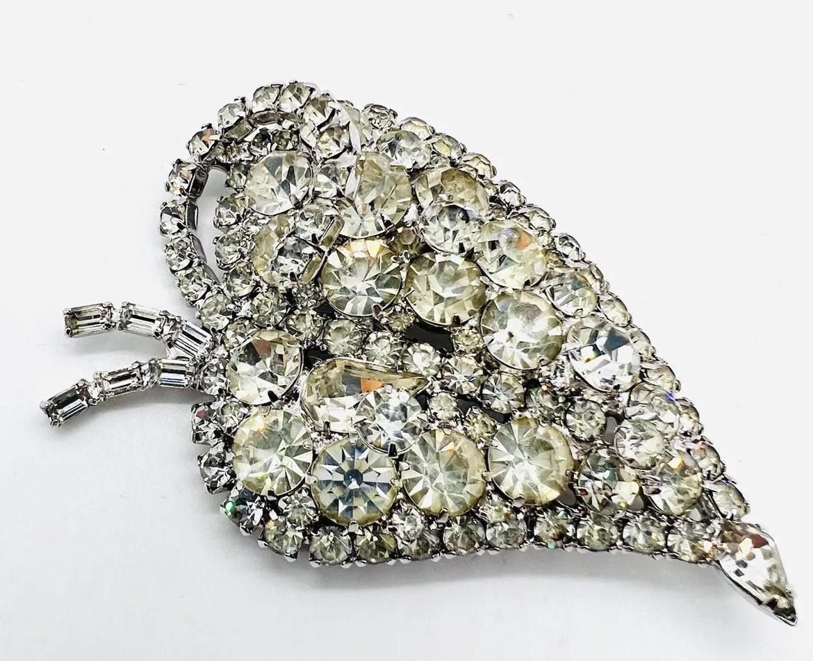 HUGE Sparkling Clear Rhinestone Stylized Fruit Brooch 3 1/4 Inch Vintage Jewelry