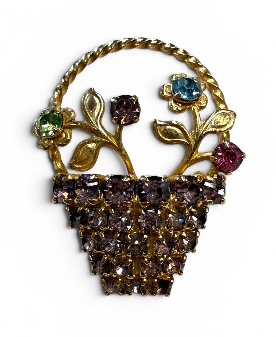 Vintage 60s Flower Basket Rhinestones Gold Tone Colorful Brooch Pin