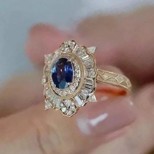 Art Deco Style Oval Sapphire & Lab Created Diamond Halo Wedding 14K Gold FN Ring