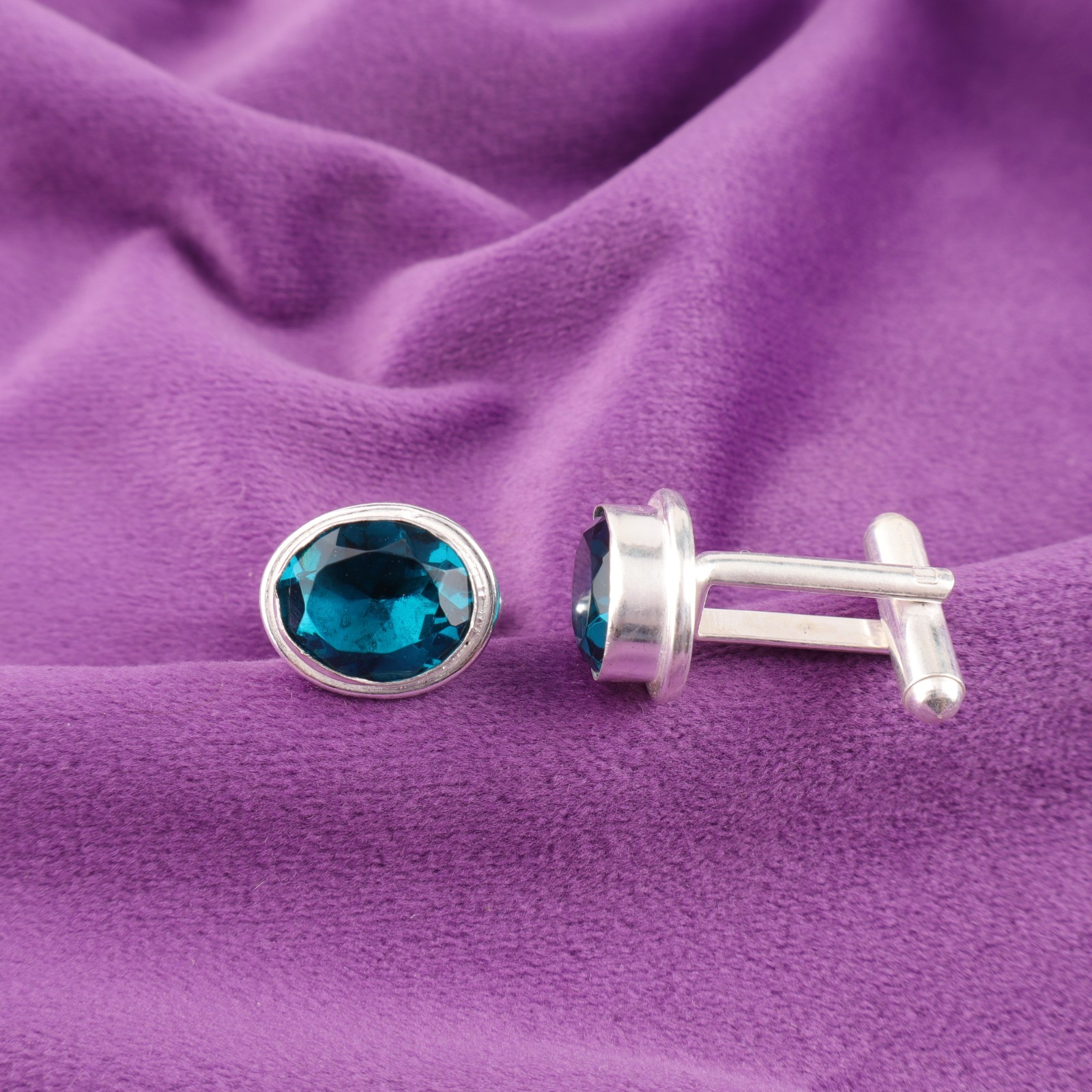 925 Sterling Silver Apatite Gemstone Blue Anniversary Birthday Cufflinks Jewelry