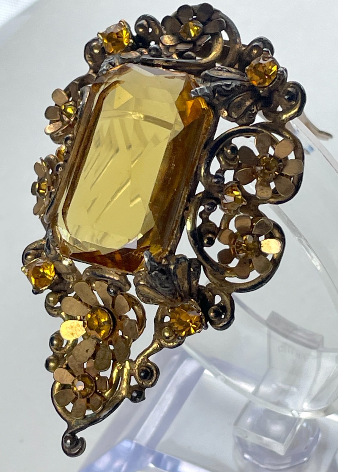 Victorian Clip Brooch | Massive Faux Citrine in Goldtone Metal – Astonishing!