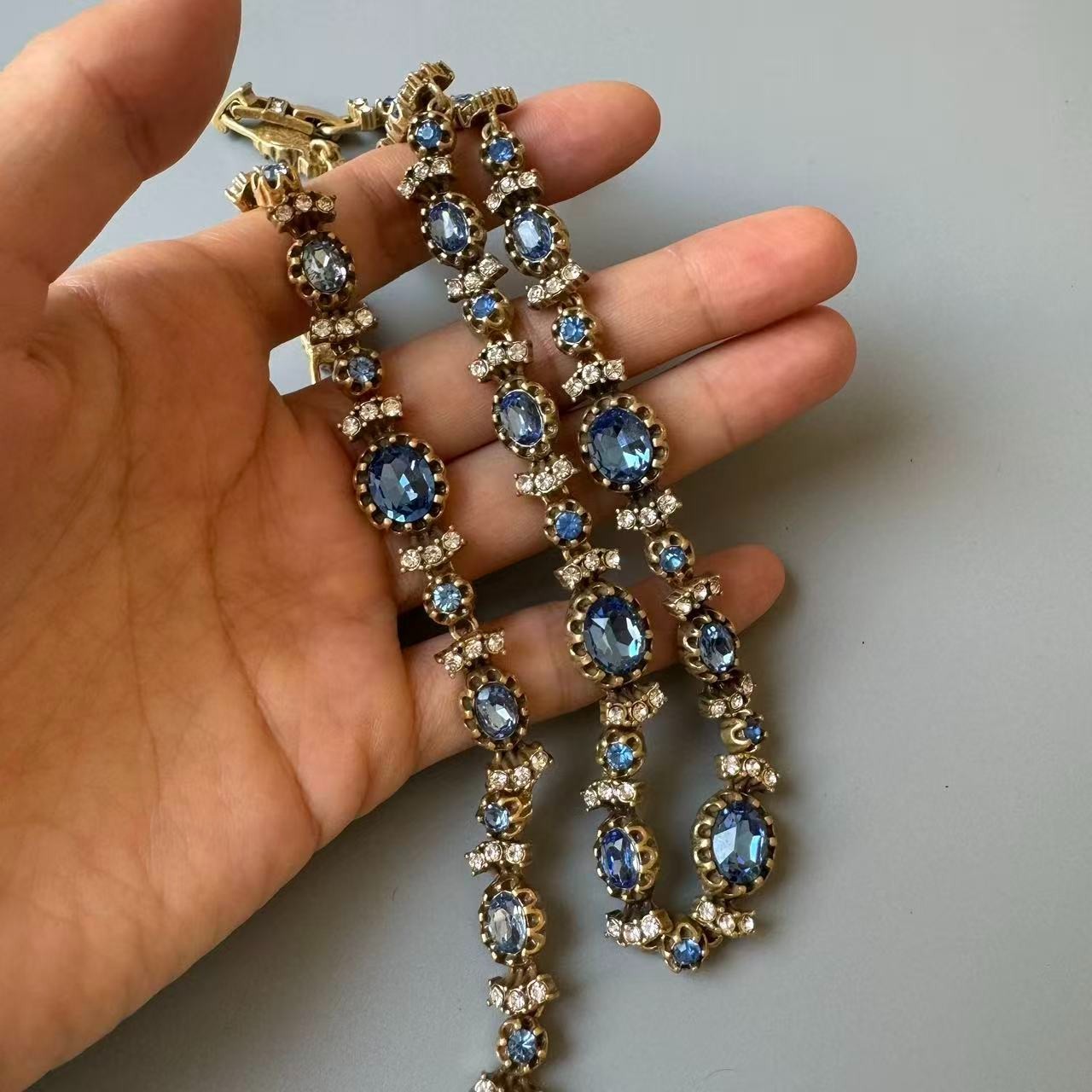 Vintage Blue Rhinestone Necklace & Bracelet Gold Tone StatementVictorian Style