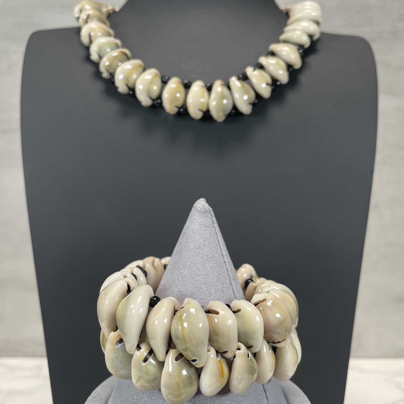 African Handmade Bold Cowrie Shells & Black Accent Beads Necklace & Bracelet