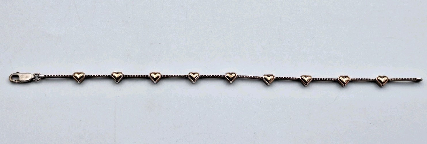 VTG STERLING SILVER & 14K WJ Signed TwoTone Puffy Heart Bar Link Dainty Bracelet