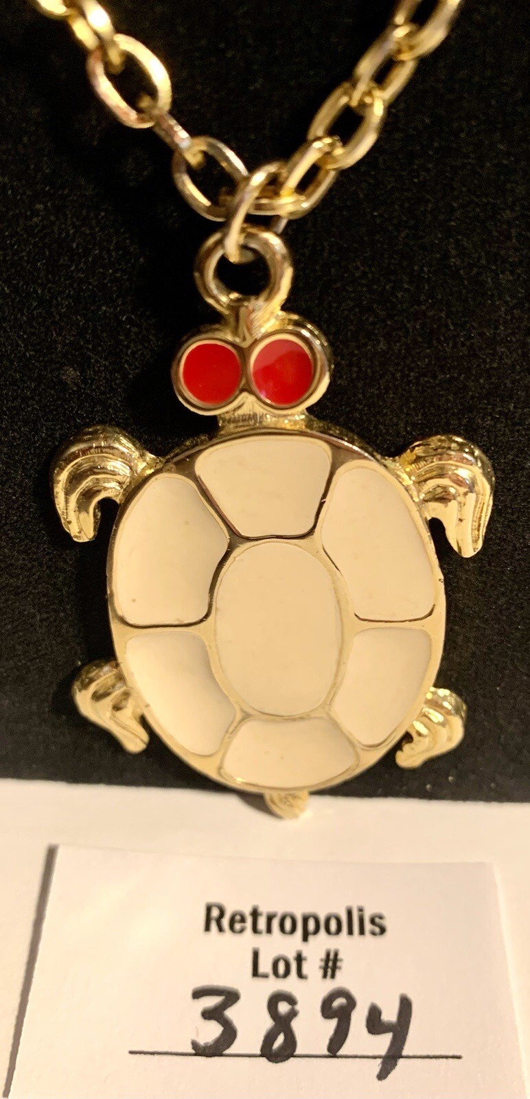 Enamel Turtle Necklace Gold Tone White & Red Vintage