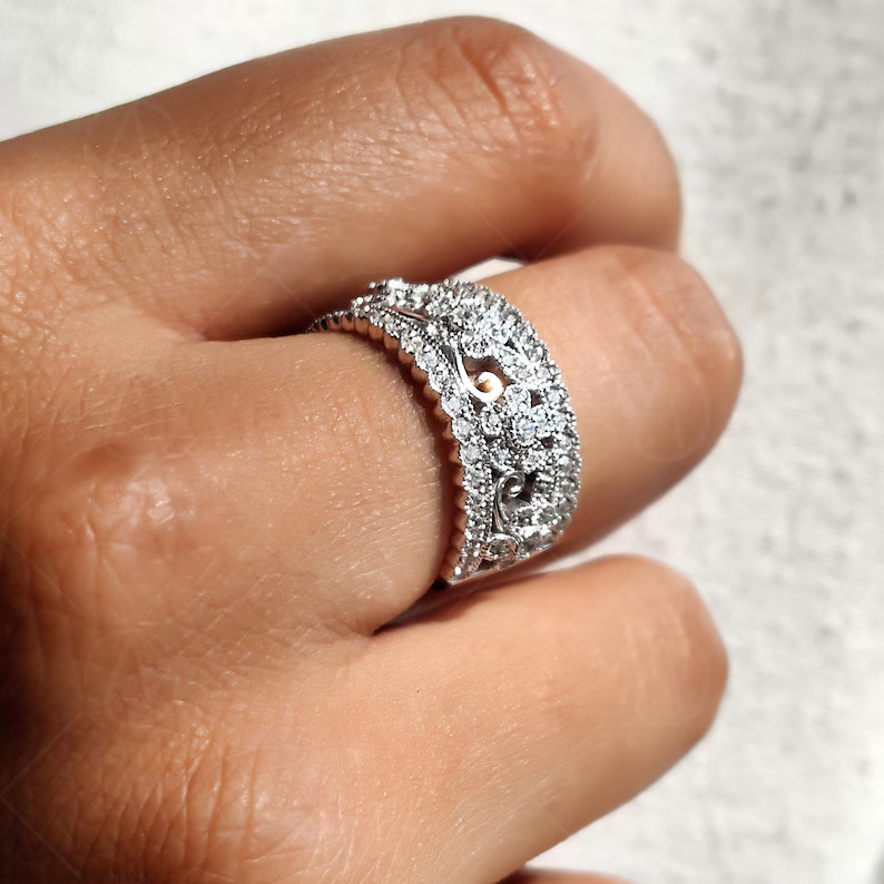 14K Gold Plated 925 Silver Moissanite Floral Band Engagement & Anniversary Ring