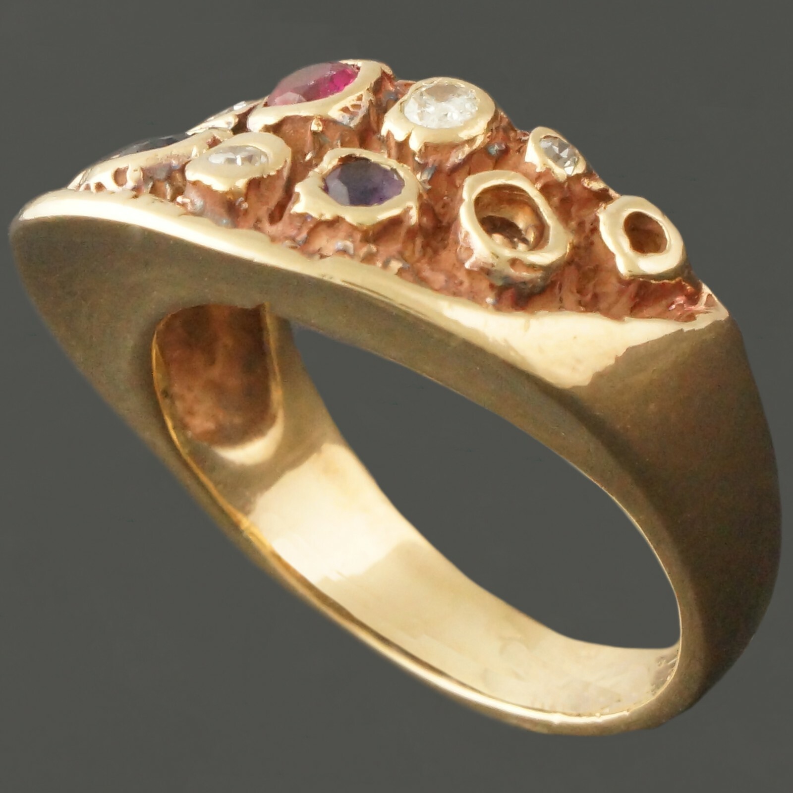 Custom Solid 14K Yellow Gold Ruby, Sapphire, Amethyst, Diamond Half Moon Ring
