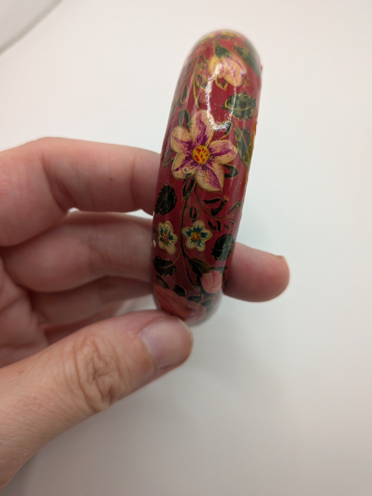 Vintage Russian Style Folk Art Hand Painted Floral Bangle Bracelet Red Laquer
