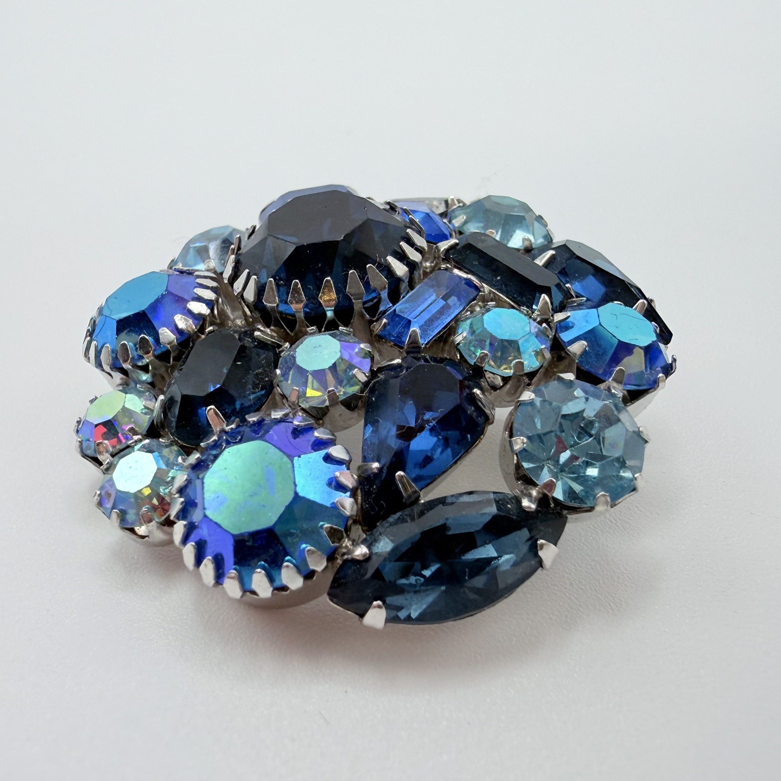 Signed Weiss Blue Aurora Borealis Rhinestones Brooch Pin Embellished Prong Set