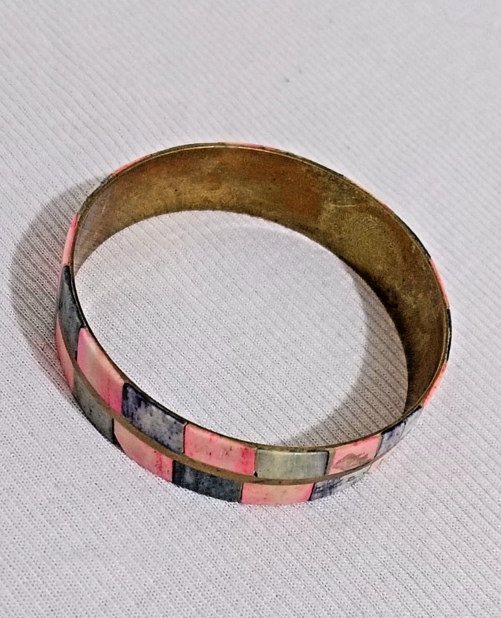Vintage Brass Mosaic Inlay Bangle Bracelet Pink Gray Stone Boho Ethnic VTG