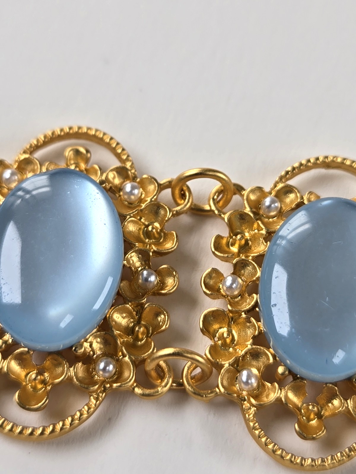 Moonglow Blue Lucite Gold Link Collar, Vintage Filigree Choker Necklace