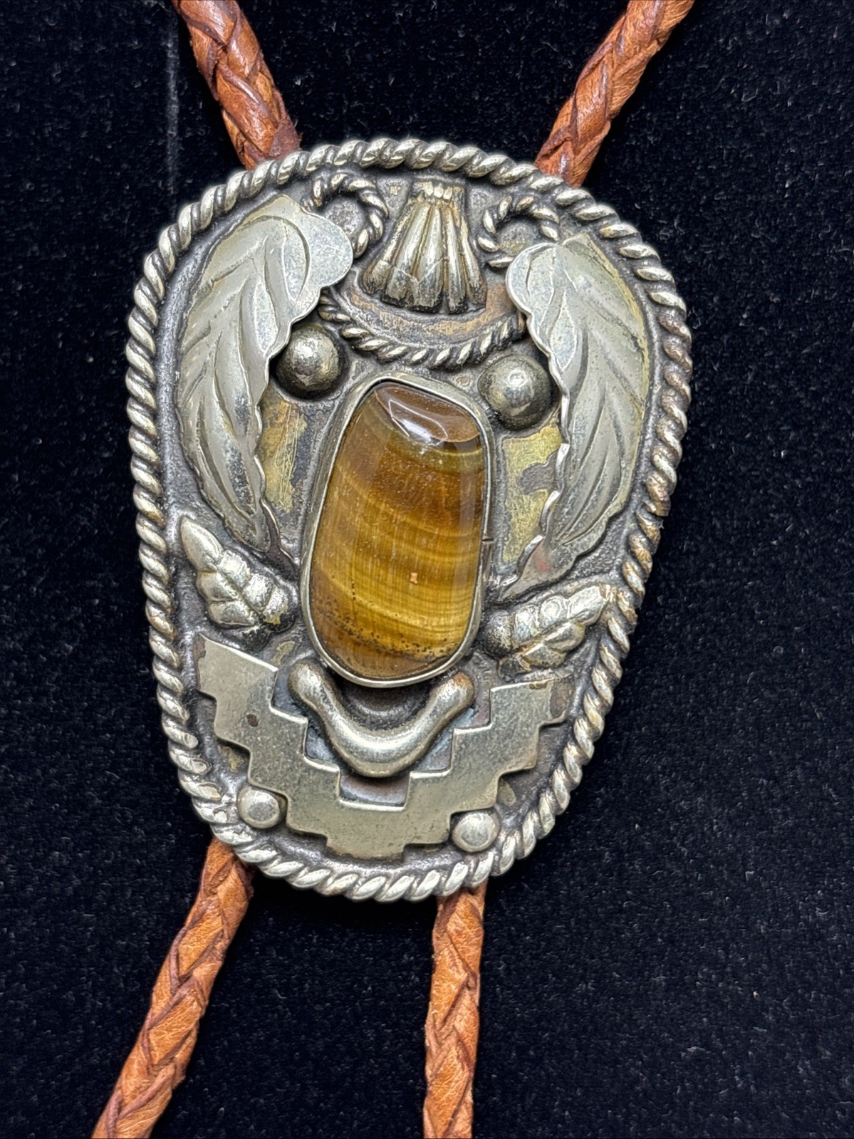 Vintage Tooled Alpaca Silver Tiger’s Eye Bolo Tie Braided Leather Southwestern