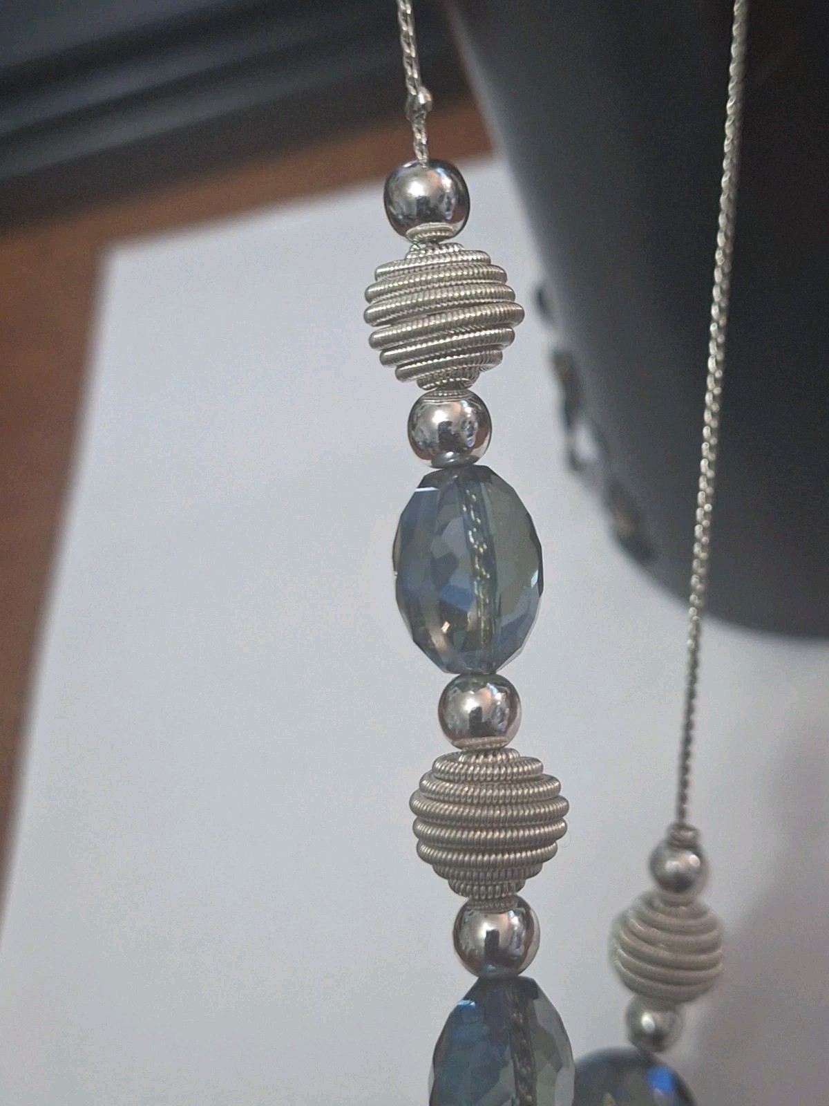 Vintage Crown Trifari Blue/Grey AB Faceted Glass And Metal Beaded Necklace