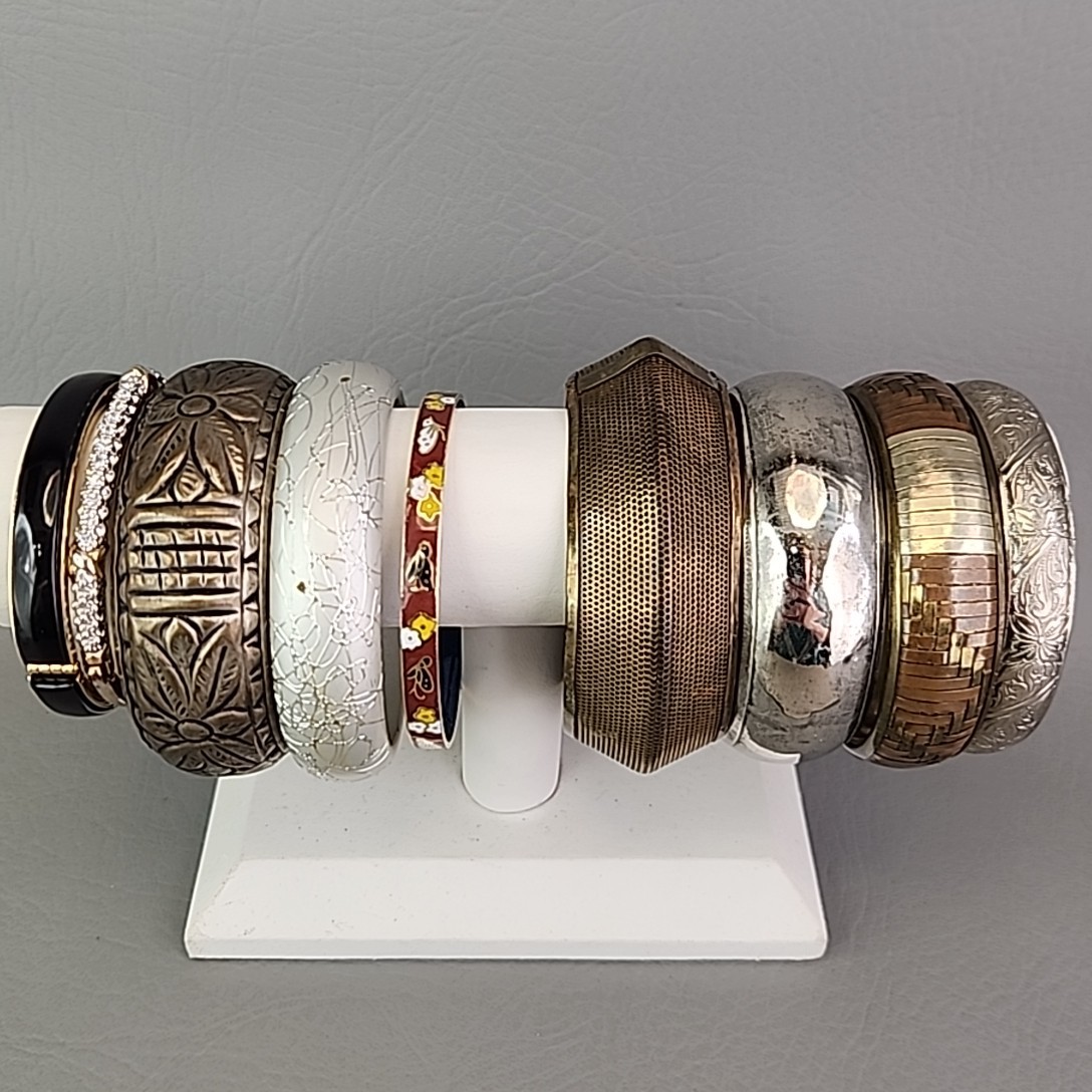 Vintage Bangle Bracelet Lot of 9 India Enamel Brass Rhinestone Hinged Wood