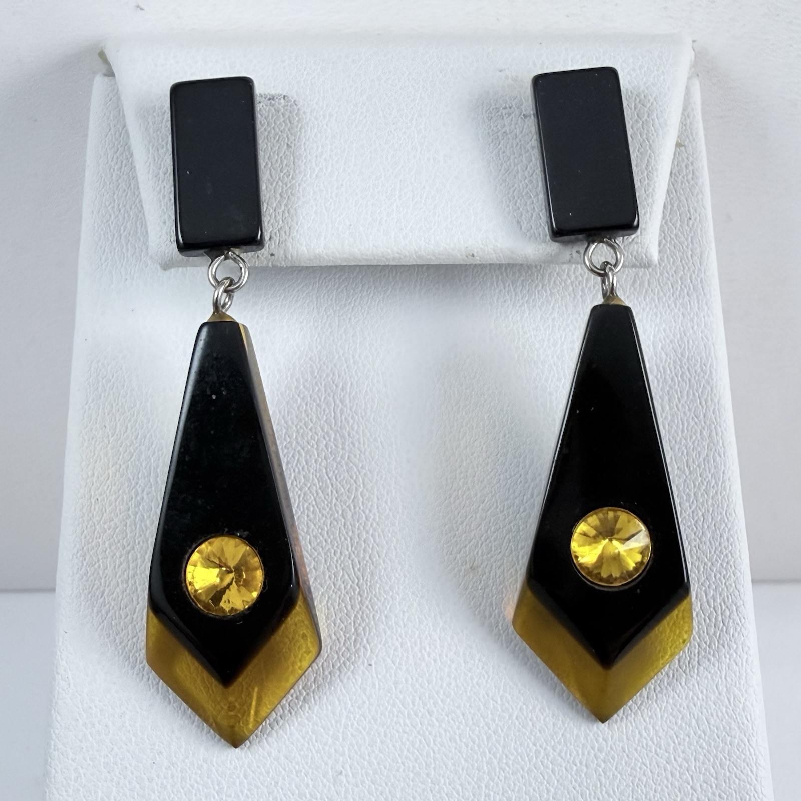 Vintage Black & Golden Color Lucite Rhinestone Dangle Pierced Earrings