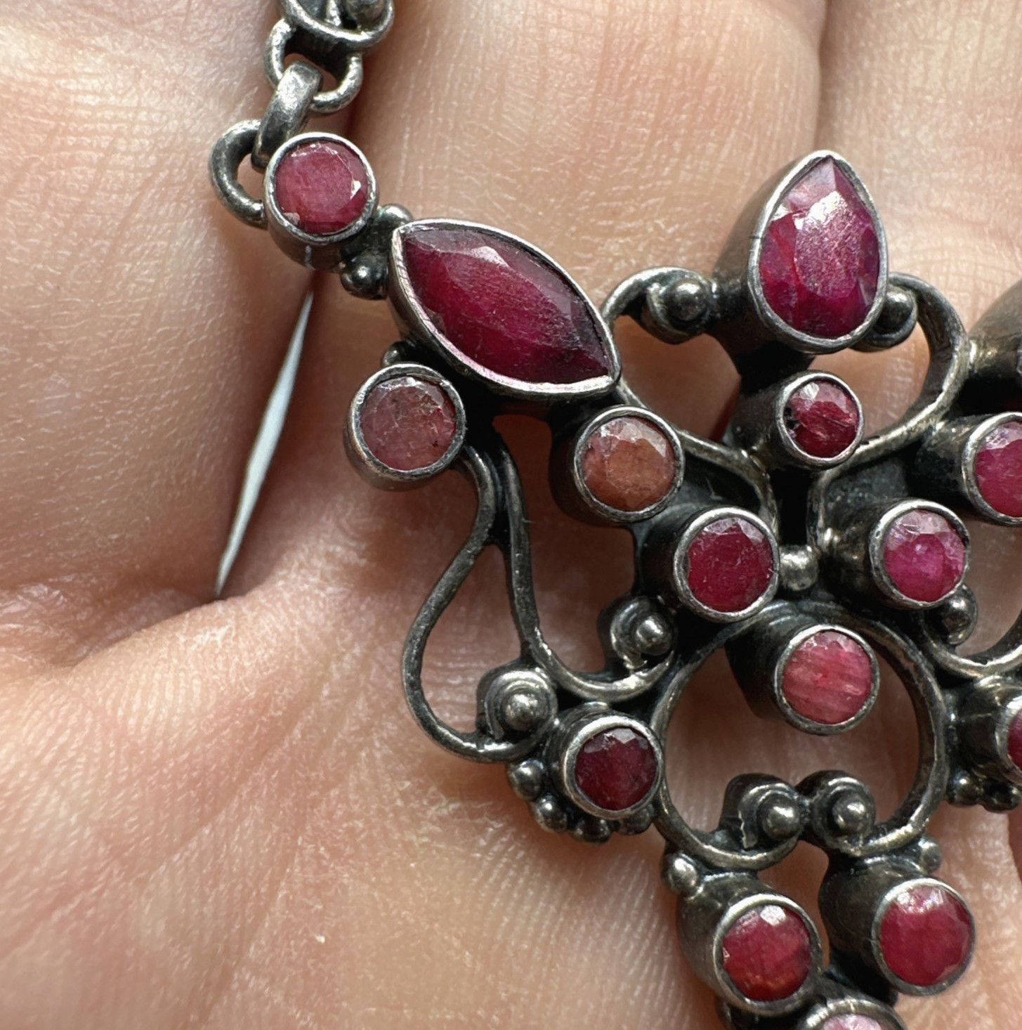 SLG Sterling Silver Necklace Natural Ruby Cluster Y Pendant 3″ Drop 18.5″ 21.60g