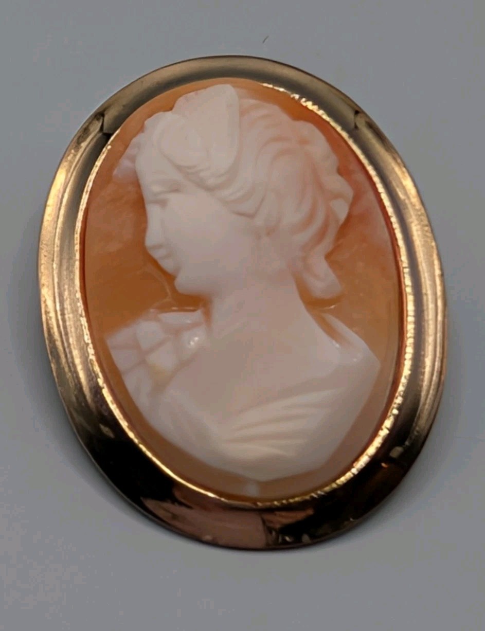 VTG Shell Cameo Set – Sterling Silver/Vermeil Brooch Earrings Victorian Revival